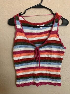 Candie's Multicolor Striped Crochet Tie-Front Tank